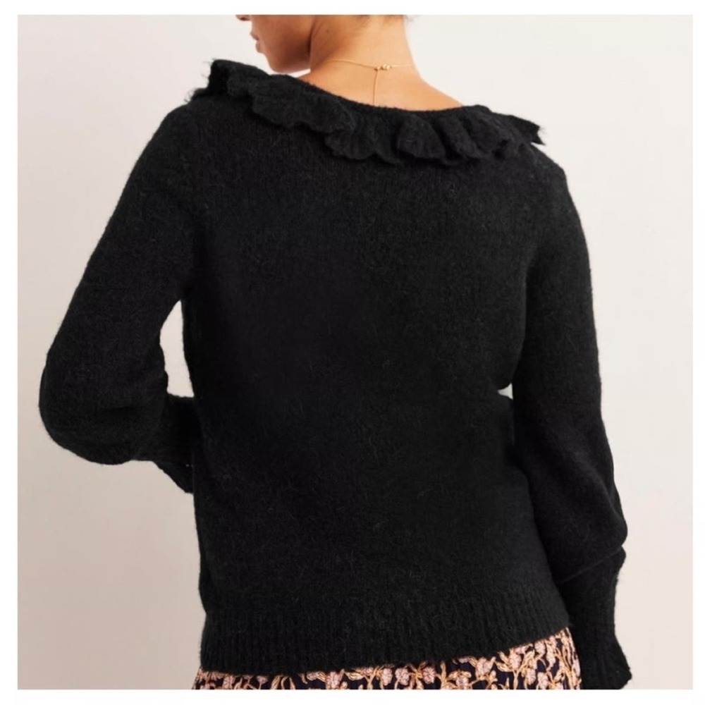 Boden Ruffle V-Neck Sweater US 8 Black Wool Alpaca Blend Fuzzy Romantic Coquette - Picture 2 of 12